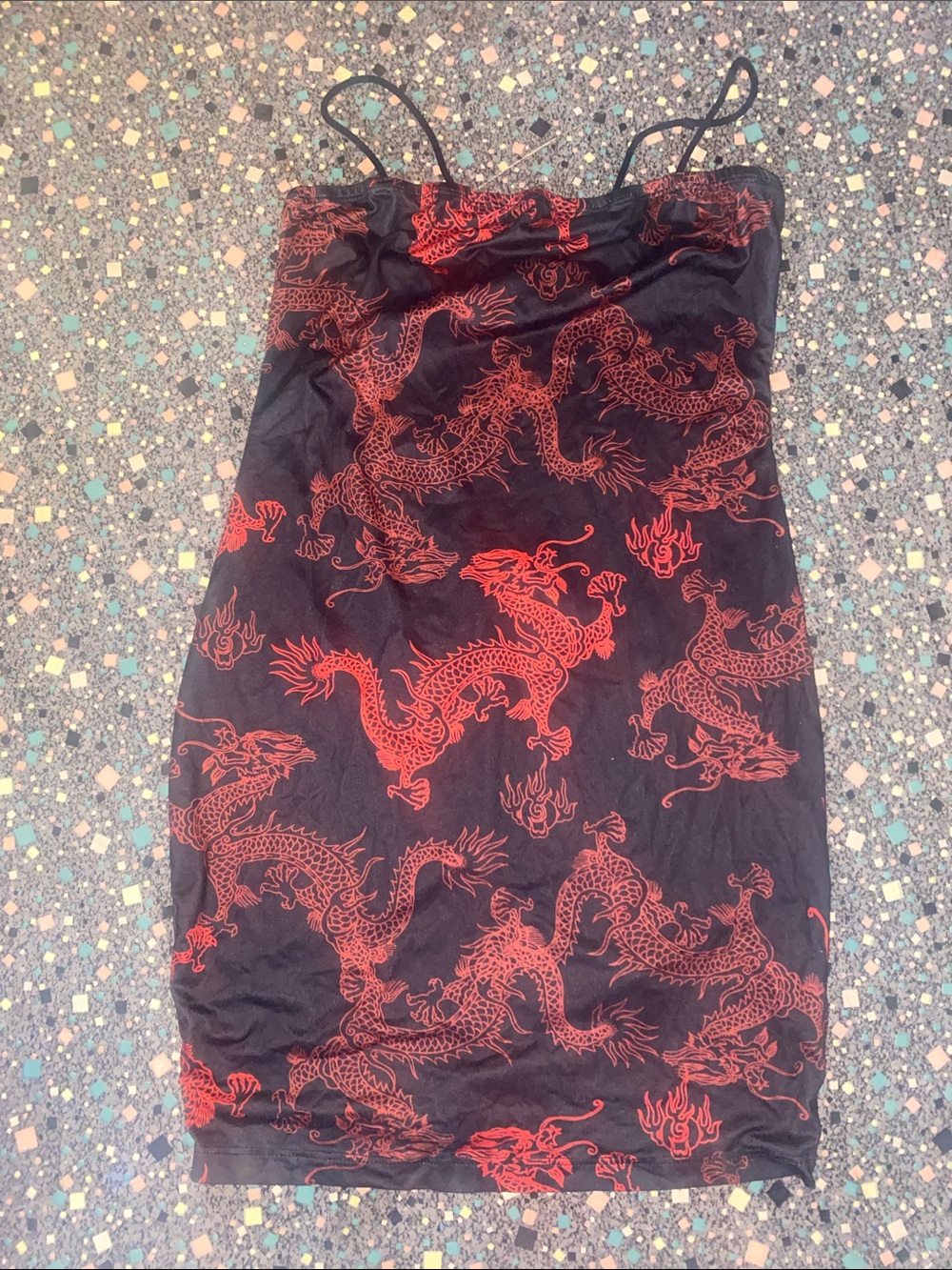 SHEIN Black Midi Slip Skirt with Red Dragon Print